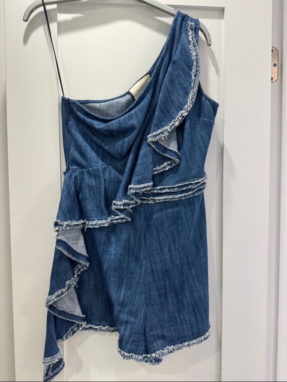 Alexis One-Shoulder Blue Denim Ruffle romper